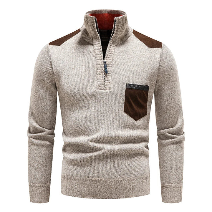 Comfortable men's half-zip pullover sweater, long sleeve, casual autumn wear with contrast details.