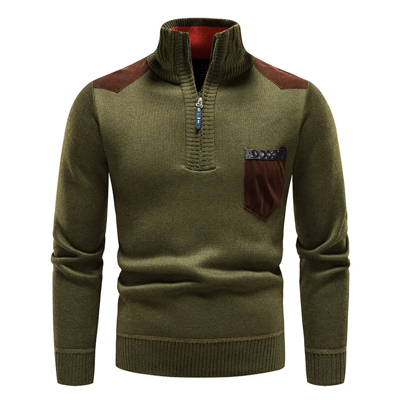 Long sleeve men's half-zip pullover sweater, casual yet stylish, featuring elegant contrast details.