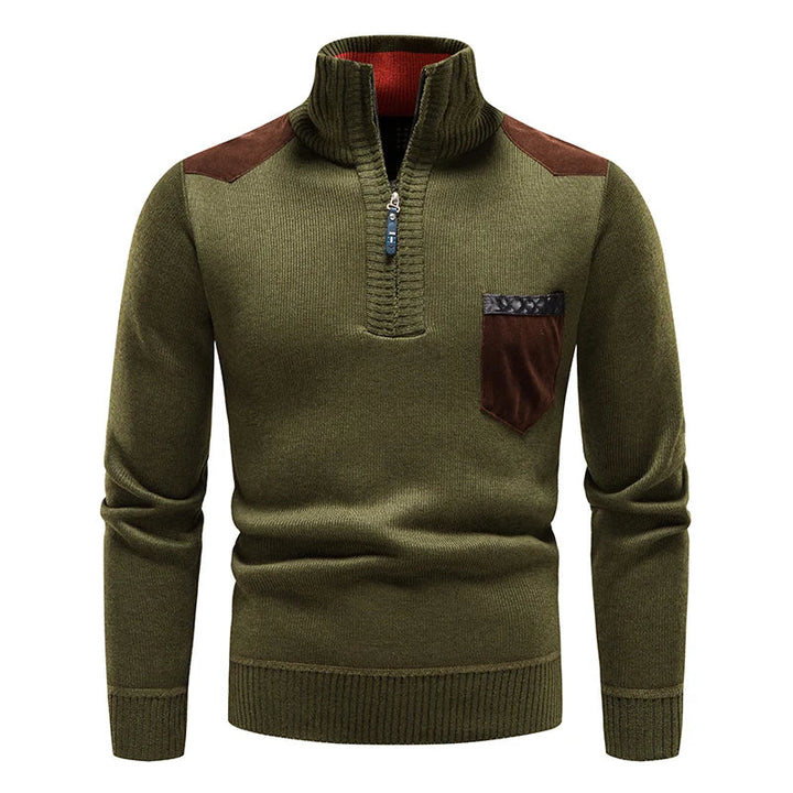 Long sleeve men's half-zip pullover sweater, casual yet stylish, featuring elegant contrast details.