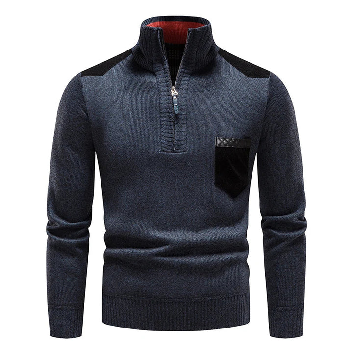 Men's half-zip sweater, pullover style, casual & stylish. Contrast details enhance autumn wear look.