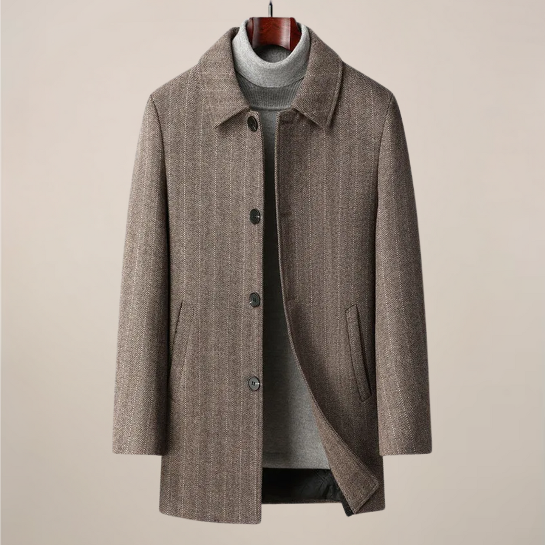 Warm men's herringbone car coat, a stylish winter jacket & overcoat for modern men.