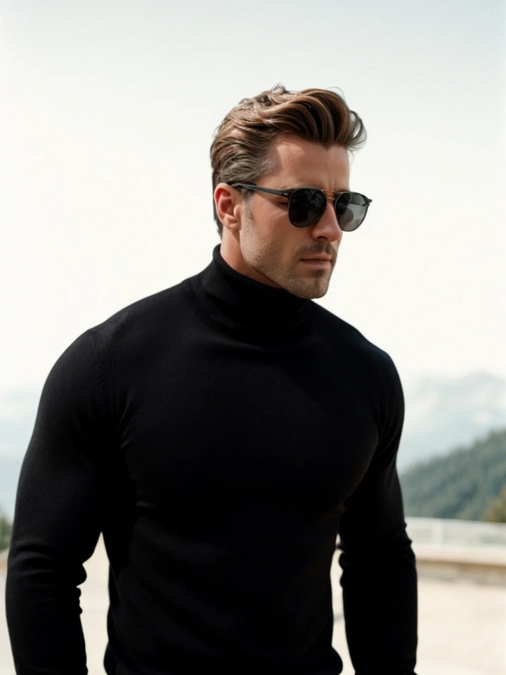 Casual men's high-neck pullover sweater, ideal for fall and winter comfort & stylish layering.