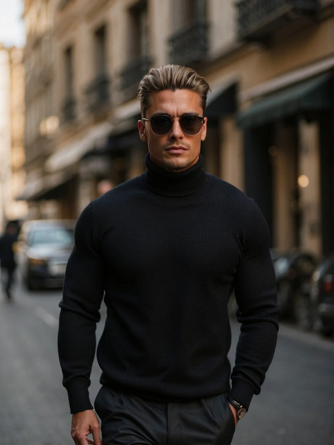 This men's elegant high-neck knit sweater ensures stylish comfort & easy layering for any fall outfit.