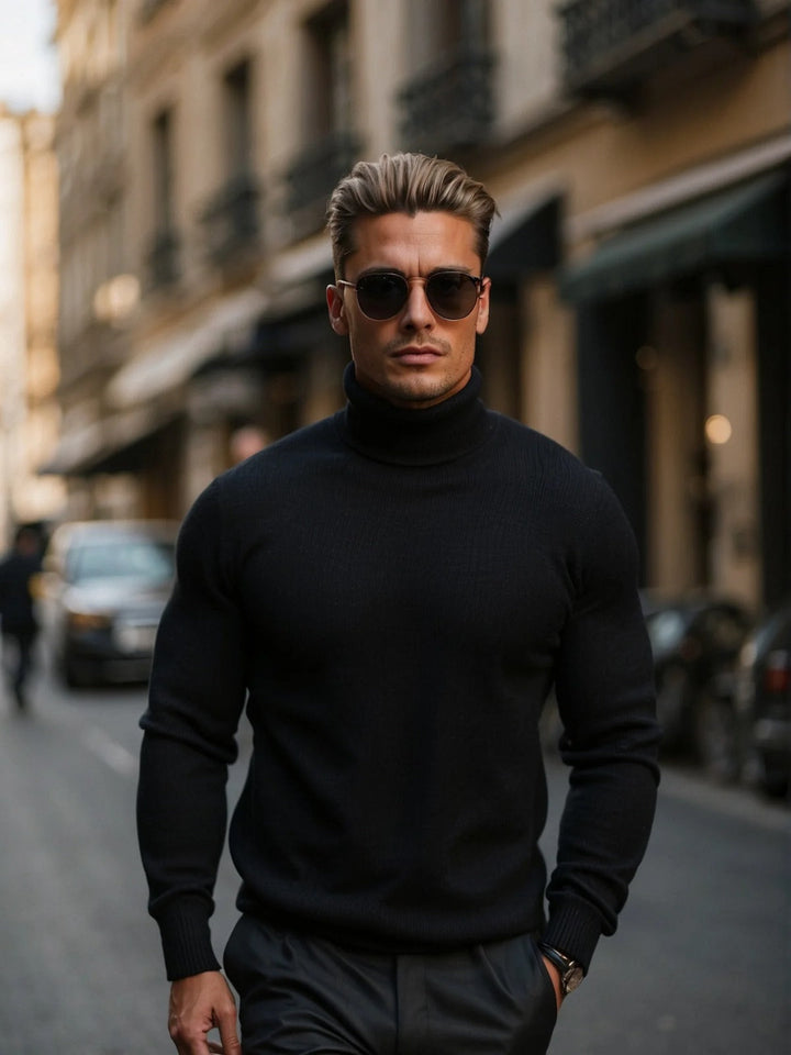 This men's elegant high-neck knit sweater ensures stylish comfort & easy layering for any fall outfit.