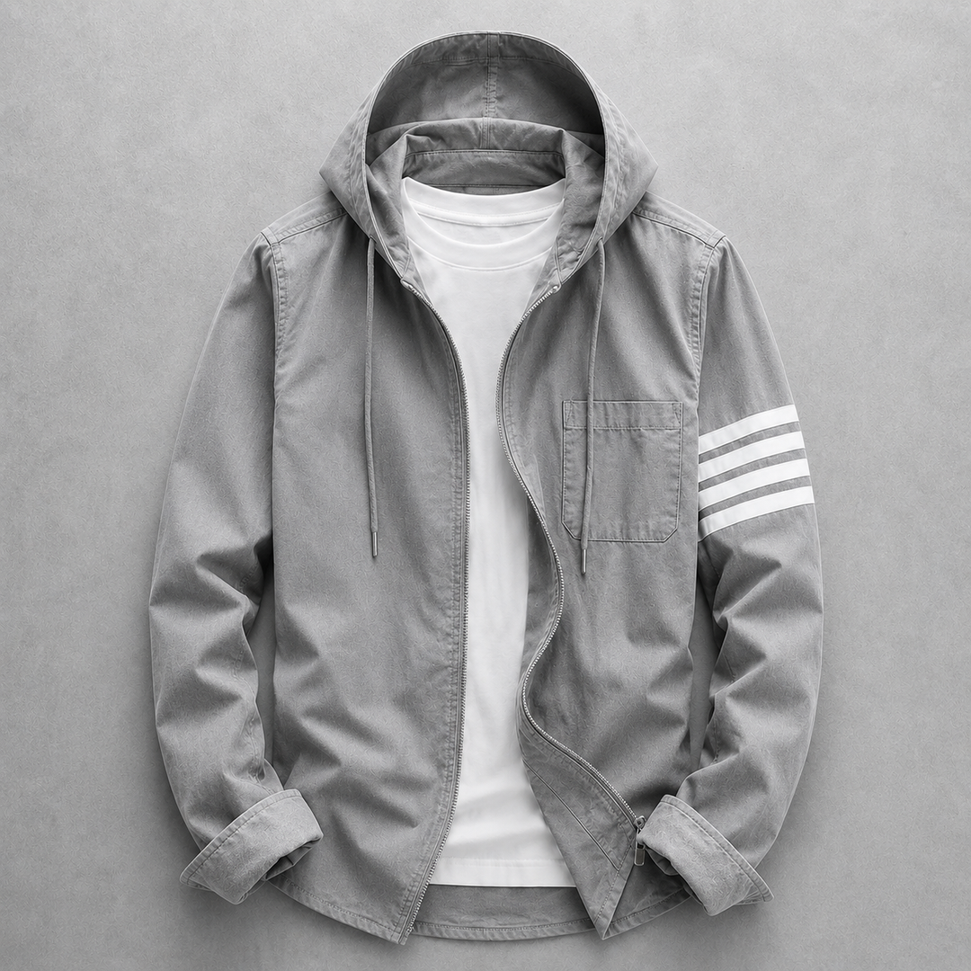 Comfortable men's hooded jacket, stylish tailored fit for versatile casual wear. Ideal spring & fall outerwear.