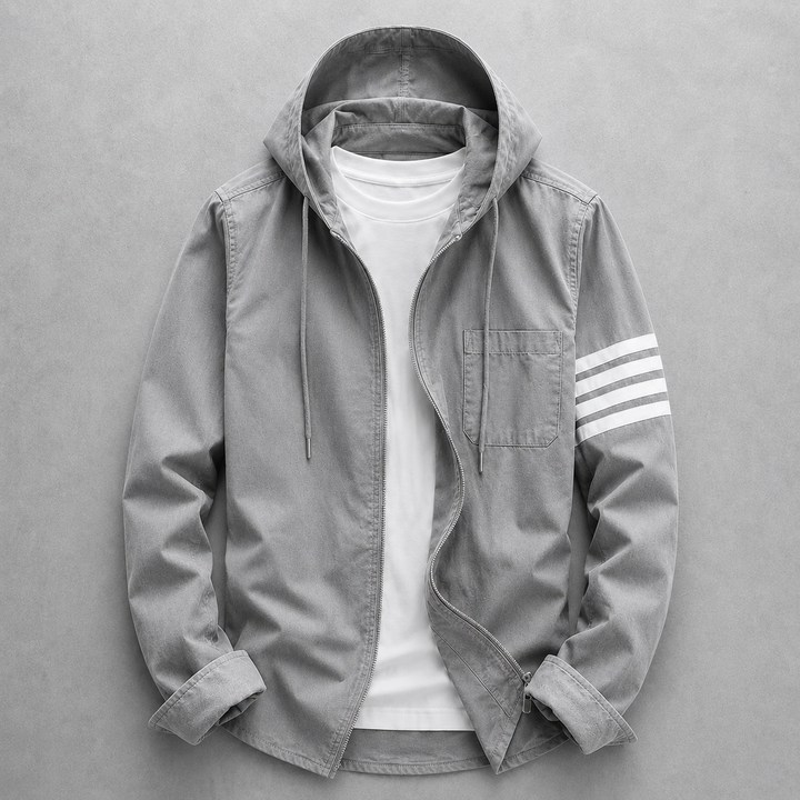 Comfortable men's hooded jacket, stylish tailored fit for versatile casual wear. Ideal spring & fall outerwear.