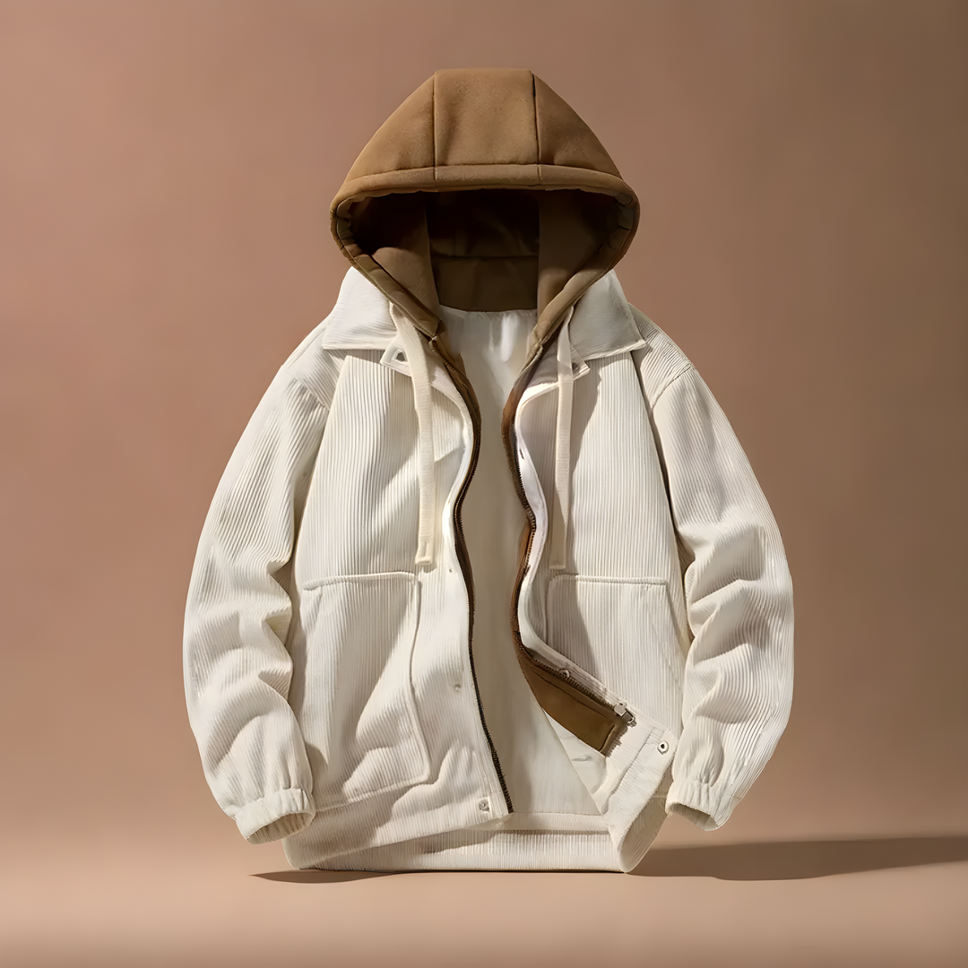 Warm men's insulated winter jacket with adjustable collar, providing ultimate cold weather comfort.