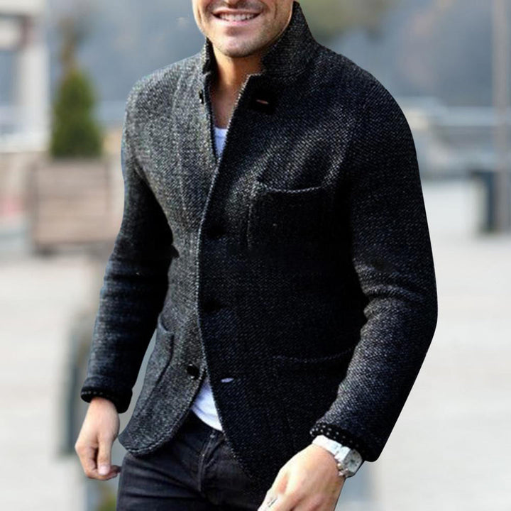 Men's stylish knit button-up cardigan, perfect for smart casual layering in fall & winter fashion.
