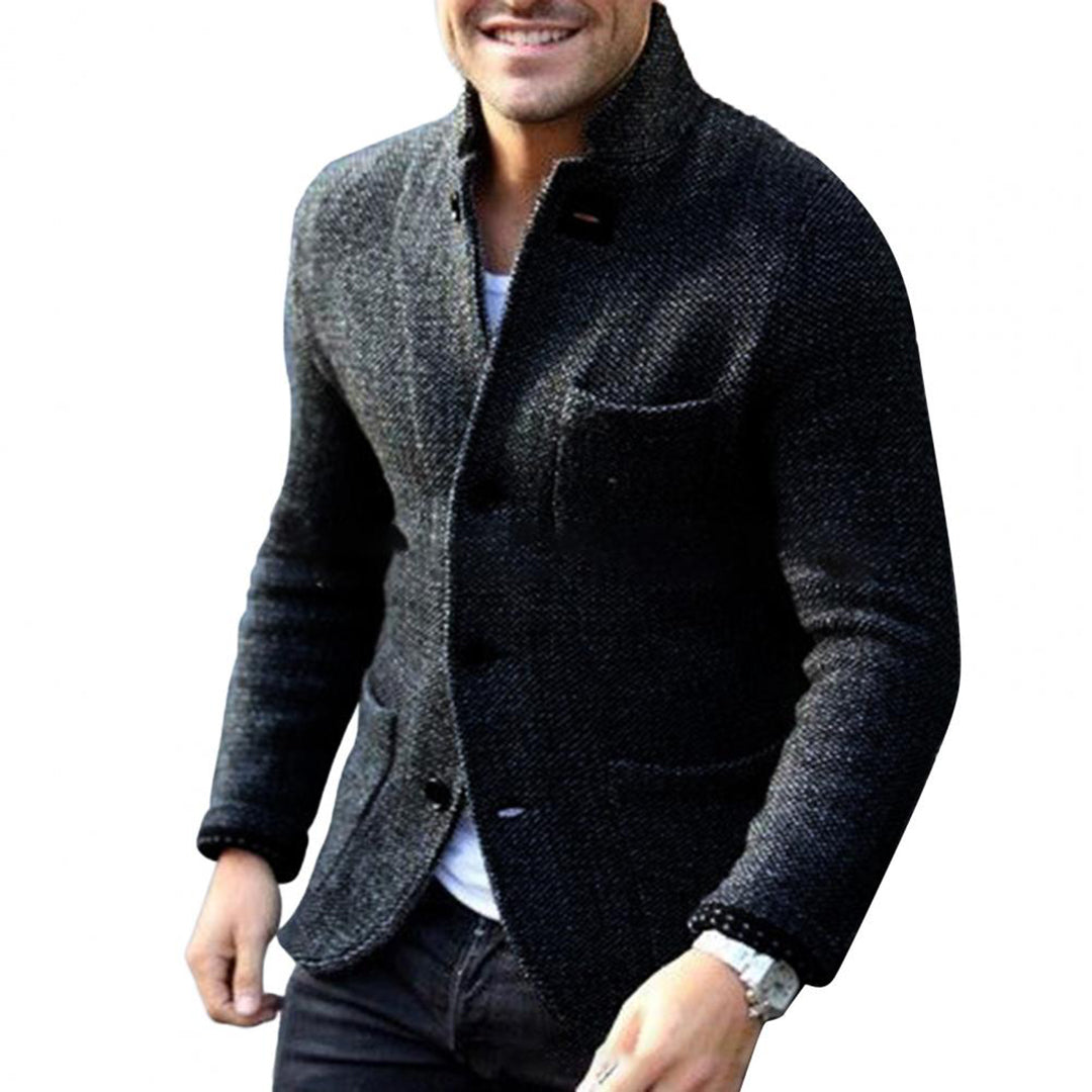 Cozy men's button-up cardigan sweater, offering comfort & versatility for casual or smart outfits.