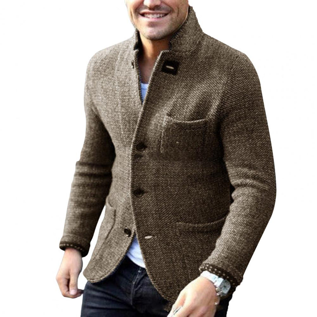 Smart-casual men's button-up cardigan, perfect for layering over shirts for a polished look.