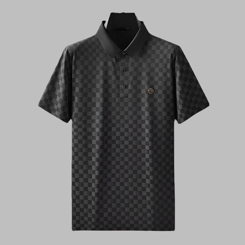 Apricot men's knit polo with a modern check pattern and short sleeves.