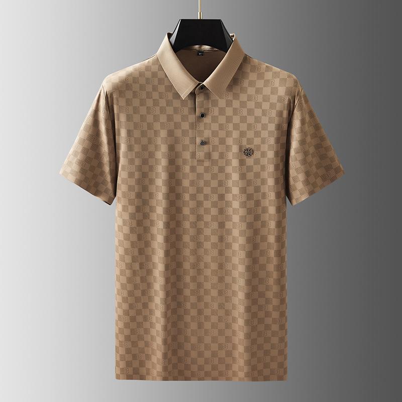 Smart casual men's check knit polo shirt in apricot, ideal for comfort wear.