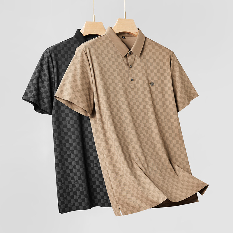 Stylish short sleeve knit polo for men, featuring a distinct check pattern.