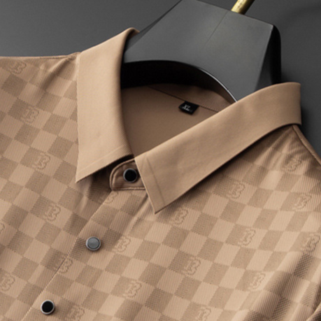 Men's everyday fashion polo, a lightweight knit check shirt in black.