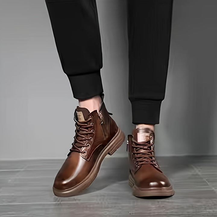 Profile of men's versatile lace-up boots, showcasing the full lace-up closure and handy side zipper.