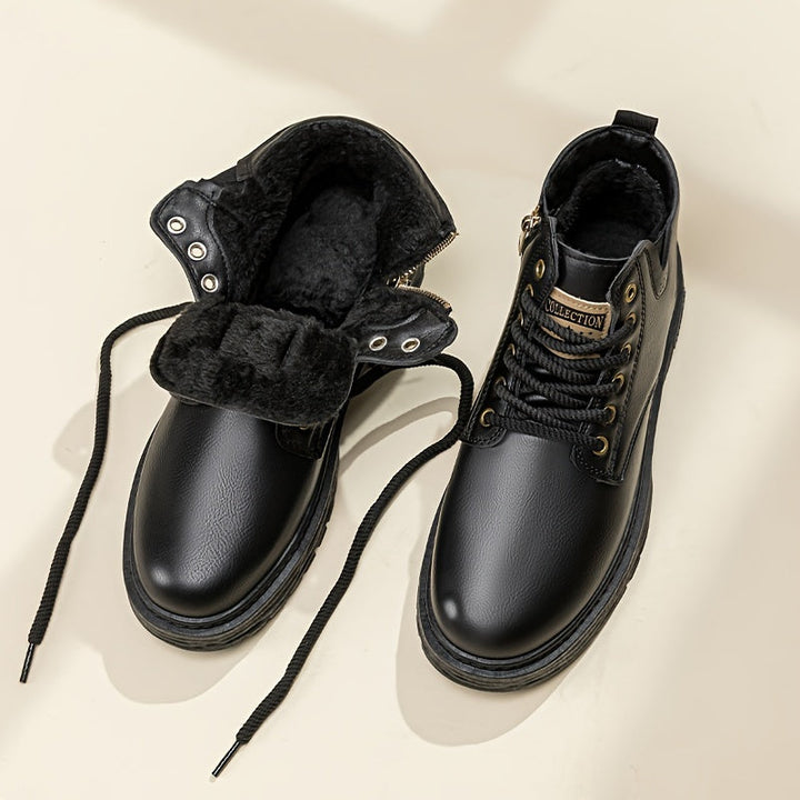 Back view of comfortable men's casual boots, highlighting the heel and overall structure with a side zipper.