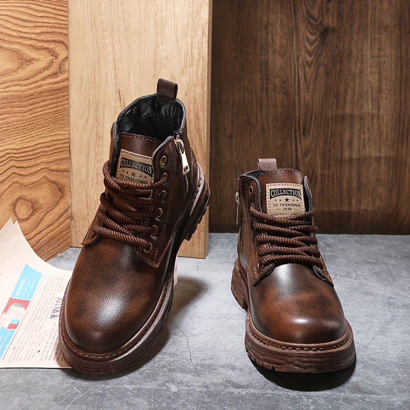 Classic men's lace-up ankle boots featuring a convenient side zipper. Ideal for versatile fall & winter fashion.