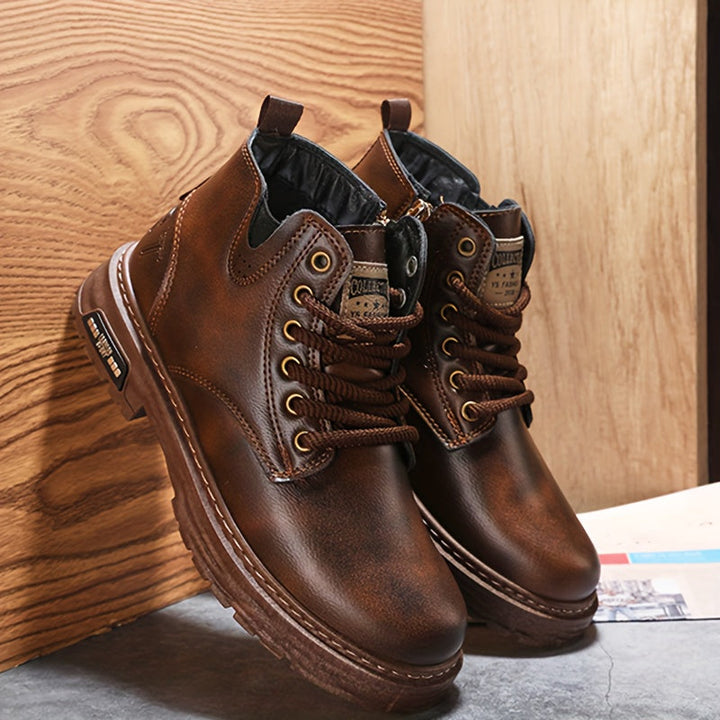 Durable men's winter boots; stylish lace-up design with a useful side zipper for quick on/off.