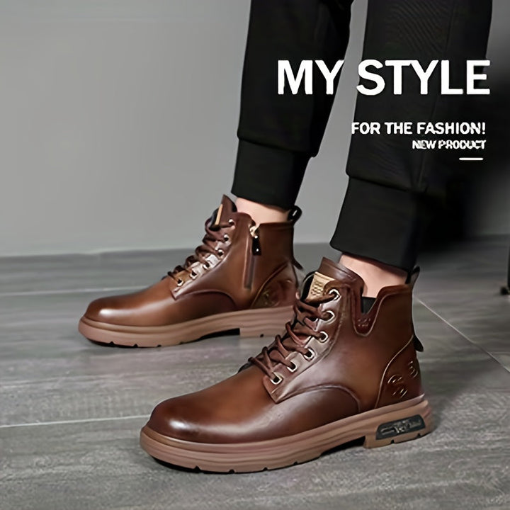 Trendy men's fall fashion boots: lace-up style with an essential side zipper for a sleek & comfortable look.