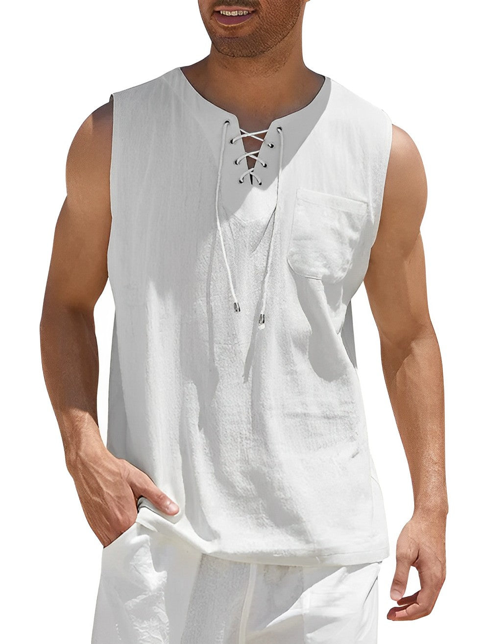 Men's lace-up V-neck tank top. Breathable loose fit summer shirt, perfect for casual or beach fashion.