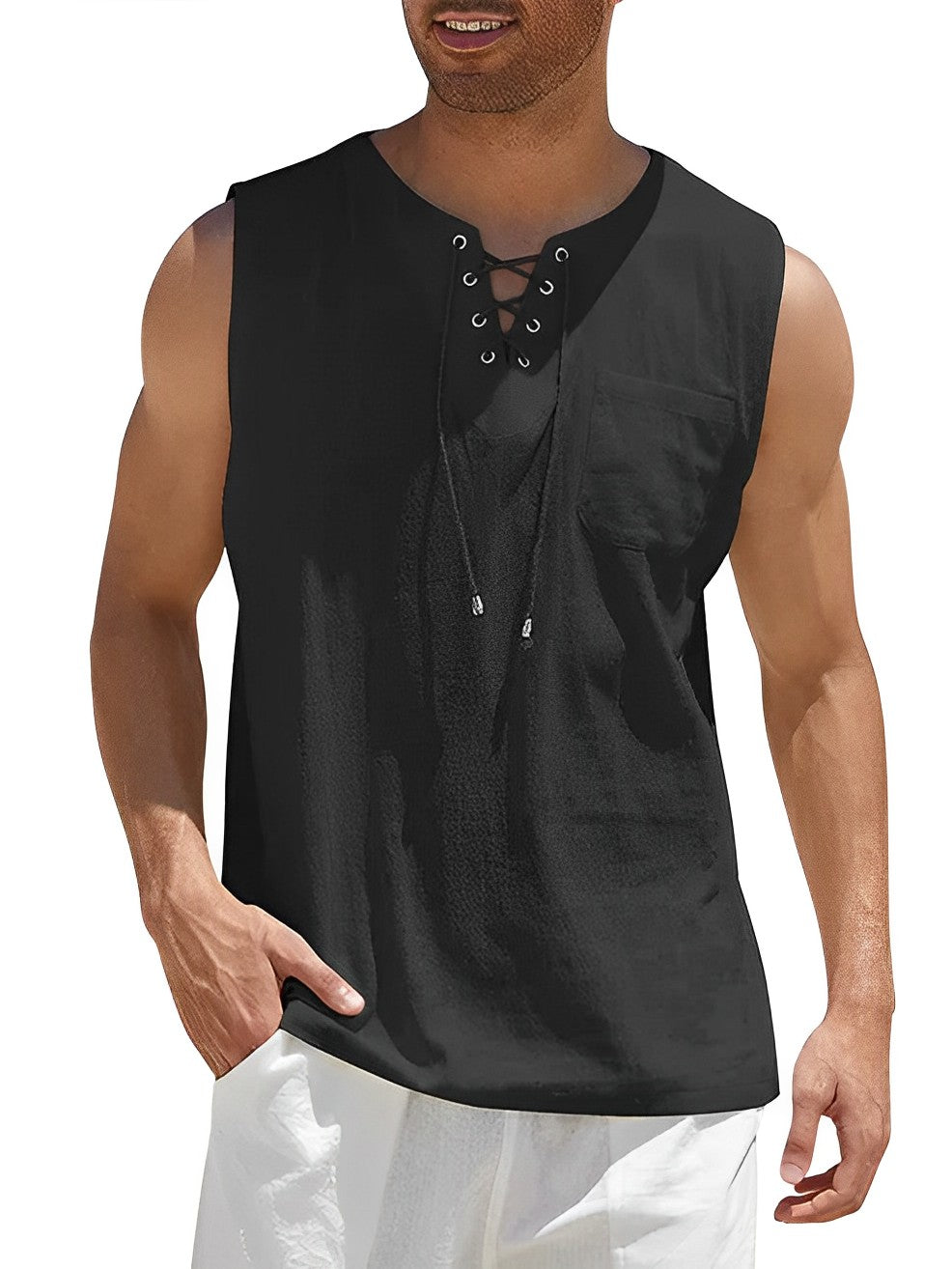 Breathable loose fit men's sleeveless top. Features a fashionable lace-up V-neck, ideal for summer comfort.