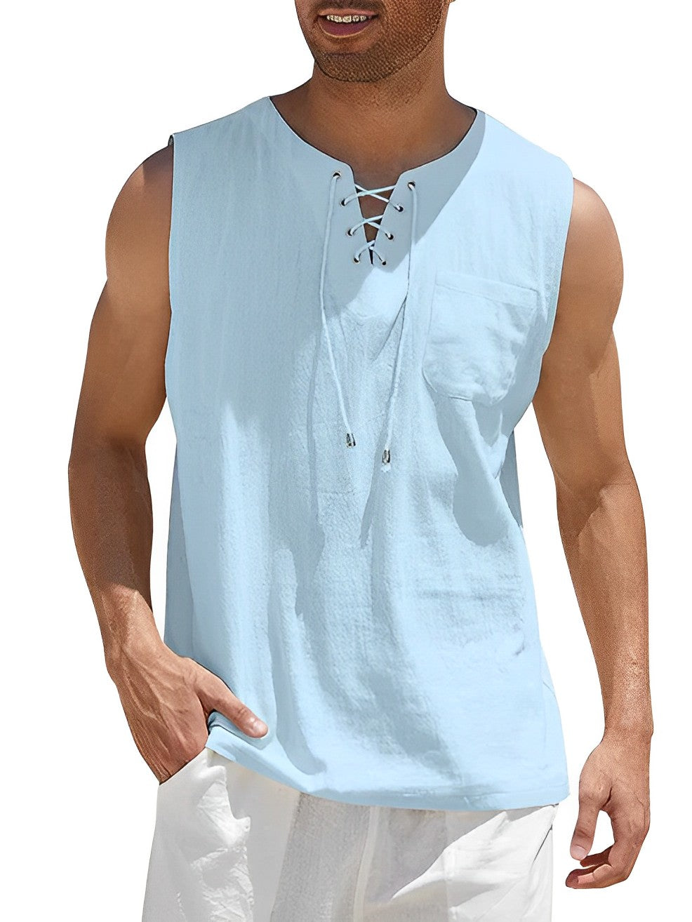 Casual men's V-neck tank top with stylish lace-up detail. Great for summer days, beach outfits & vacations.
