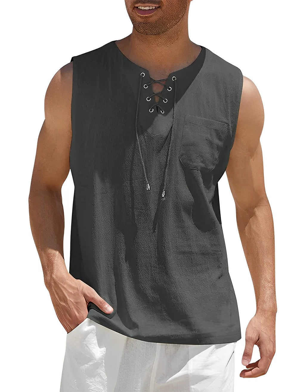 Fashionable men's loose fit tank top with lace-up V-neck. A stylish sleeveless summer shirt for men.