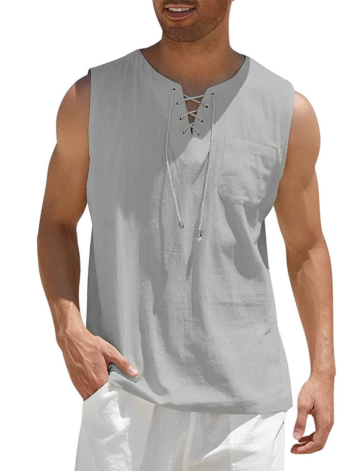 Men's summer tank top, lace-up V-neck for beach or vacation. Breathable & loose fit for ultimate comfort.
