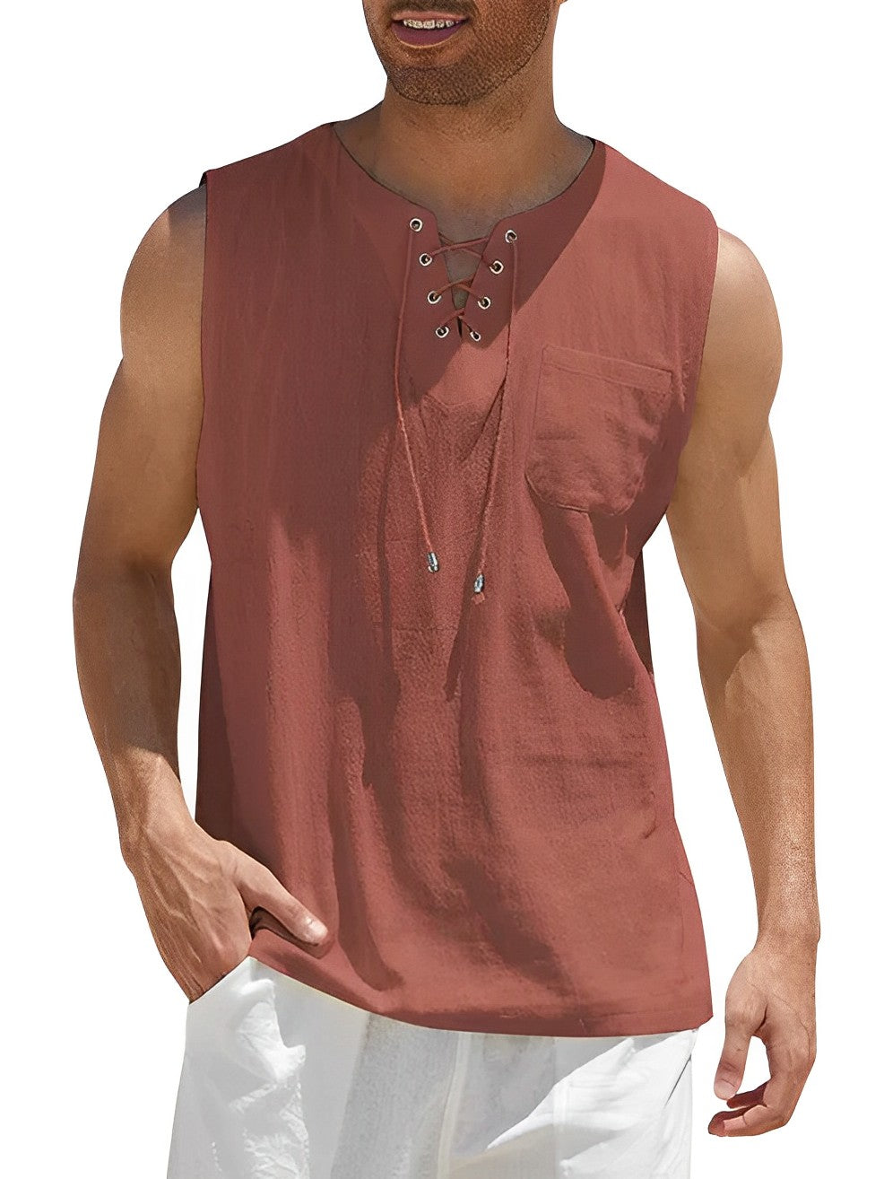 Stylish men's lace-up V-neck sleeveless top. A comfortable, loose fit summer shirt for casual fashion.