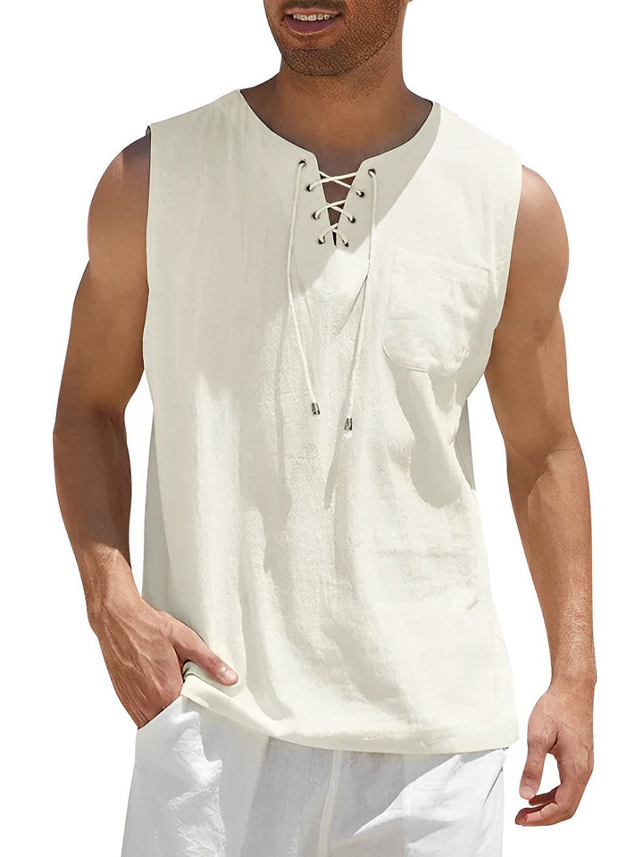 Men's breathable lace-up V-neck tank top. Loose fit, stylish summer shirt perfect for beach & casual wear.