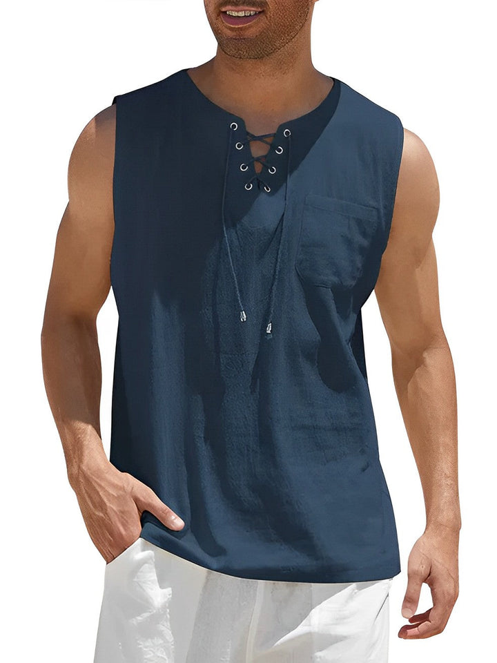 Casual men's summer tank top. Sleeveless, lace-up V-neck design. Loose fit for stylish beach or vacation wear.