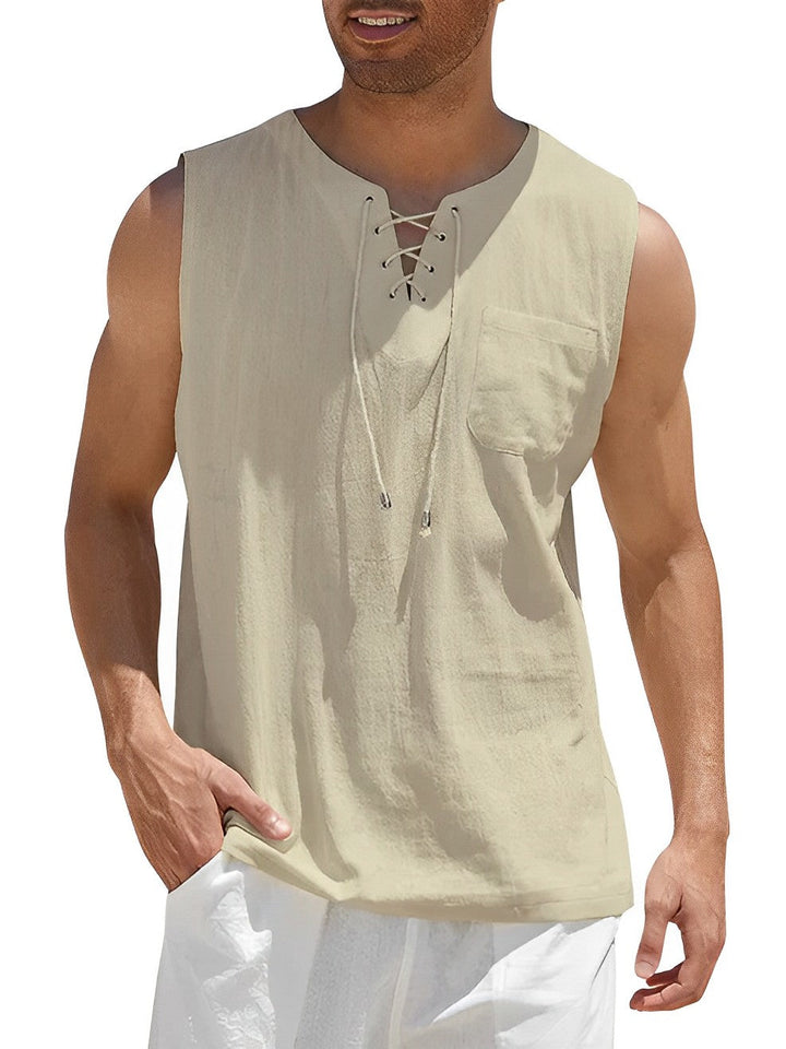 Stylish men's summer tank top with lace-up V-neck. Versatile loose fit sleeveless shirt for beach or casual.