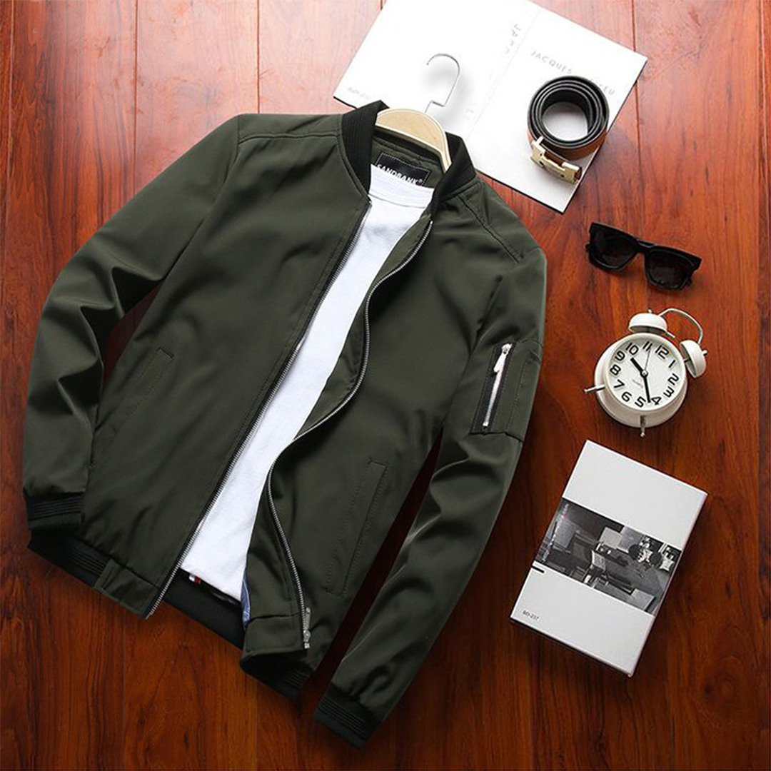 Vernon men's stylish short bomber jacket with stand-collar & zipper, ideal for summer.