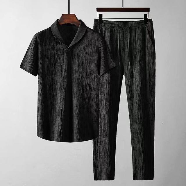 LightBreeze men's summer set: V-neck shirt & drawstring pants. Ideal lightweight lounge wear.