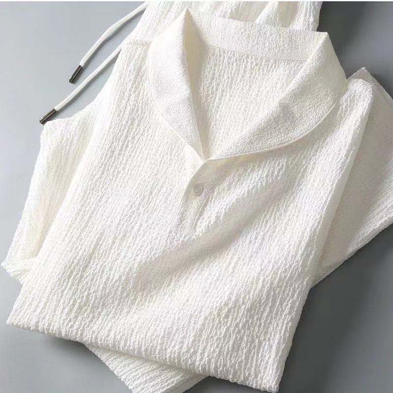 Men's fashion lightweight summer set. Breathable V-neck shirt and casual drawstring pants.
