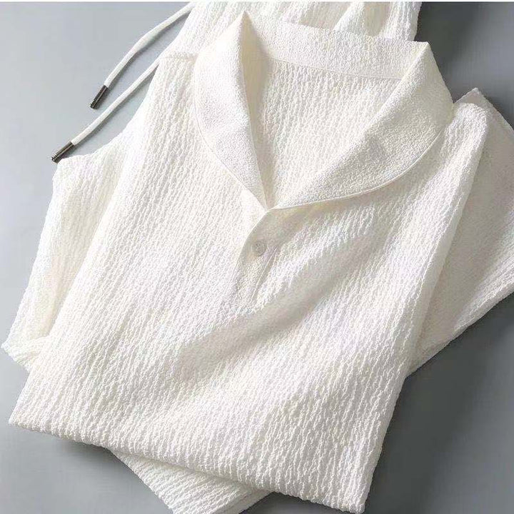 Men's fashion lightweight summer set. Breathable V-neck shirt and casual drawstring pants.