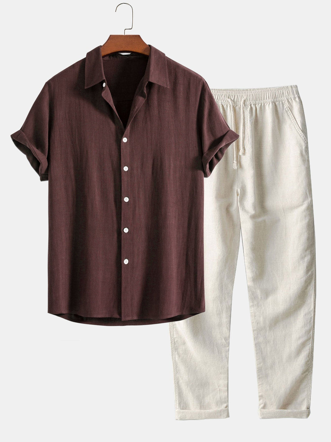 Coordinated men's linen shirt and trousers set, a stylish and comfortable casual outfit for summer.