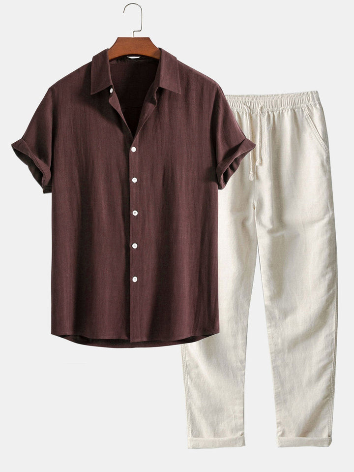 Coordinated men's linen shirt and trousers set, a stylish and comfortable casual outfit for summer.