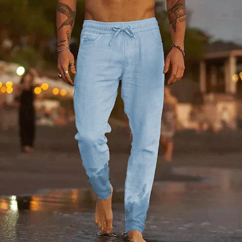 Elegant men's linen trousers, offering breathable comfort and a relaxed summer fit.