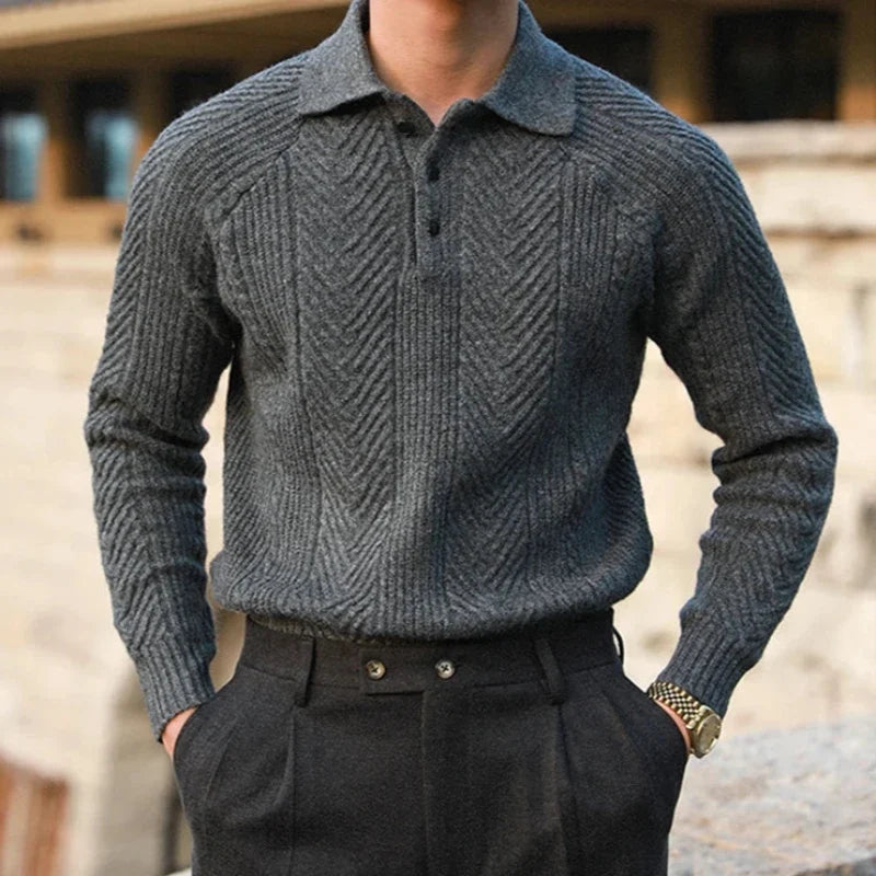 Men's stylish long sleeve polo shirt in autumn hues, perfect for casual elegance & warmth.