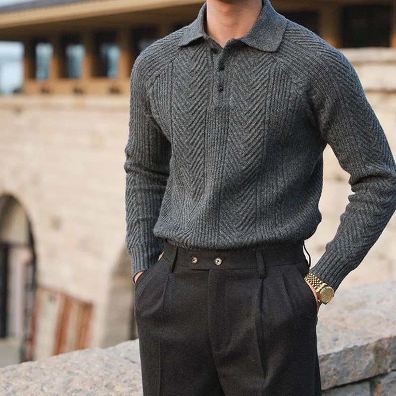 Comfortable men's long sleeve polo top, ideal for autumn fashion, offering a stylish and relaxed fit.