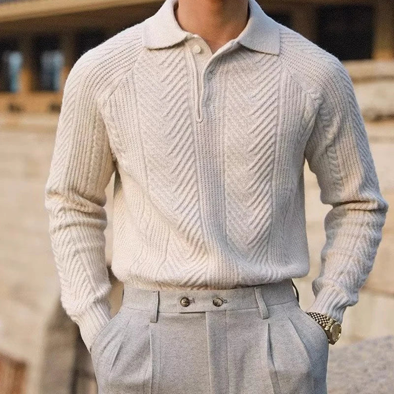 Premium men's long sleeve polo shirt, designed for autumn warmth and sophisticated men's casual apparel.
