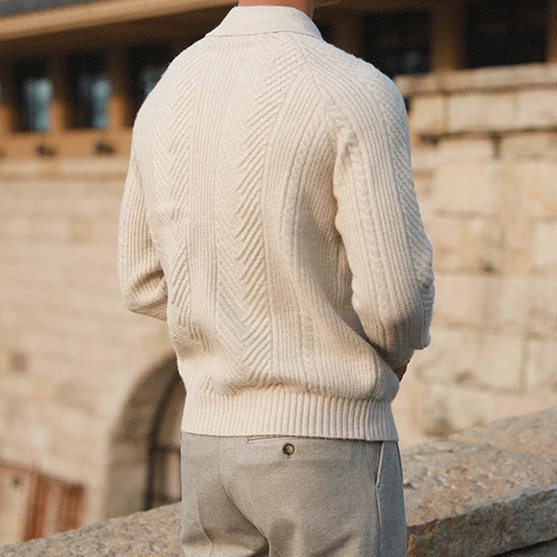 Elegant men's long sleeve polo top, perfect for the cooler autumn weather, blending comfort and smart casual wear.