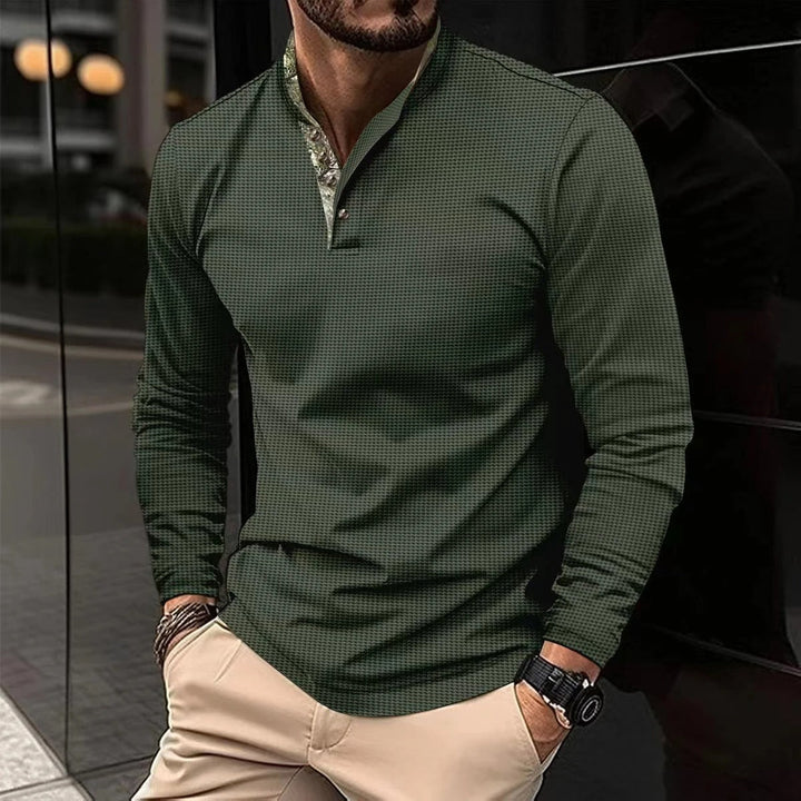 Men's stylish long sleeve polo shirt with a contrasting colored collar, ideal for casual everyday wear.