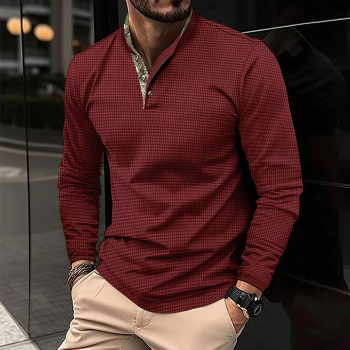 Comfortable men's long sleeve polo shirt, perfect for casual everyday fashion. Features a stylish colored collar.