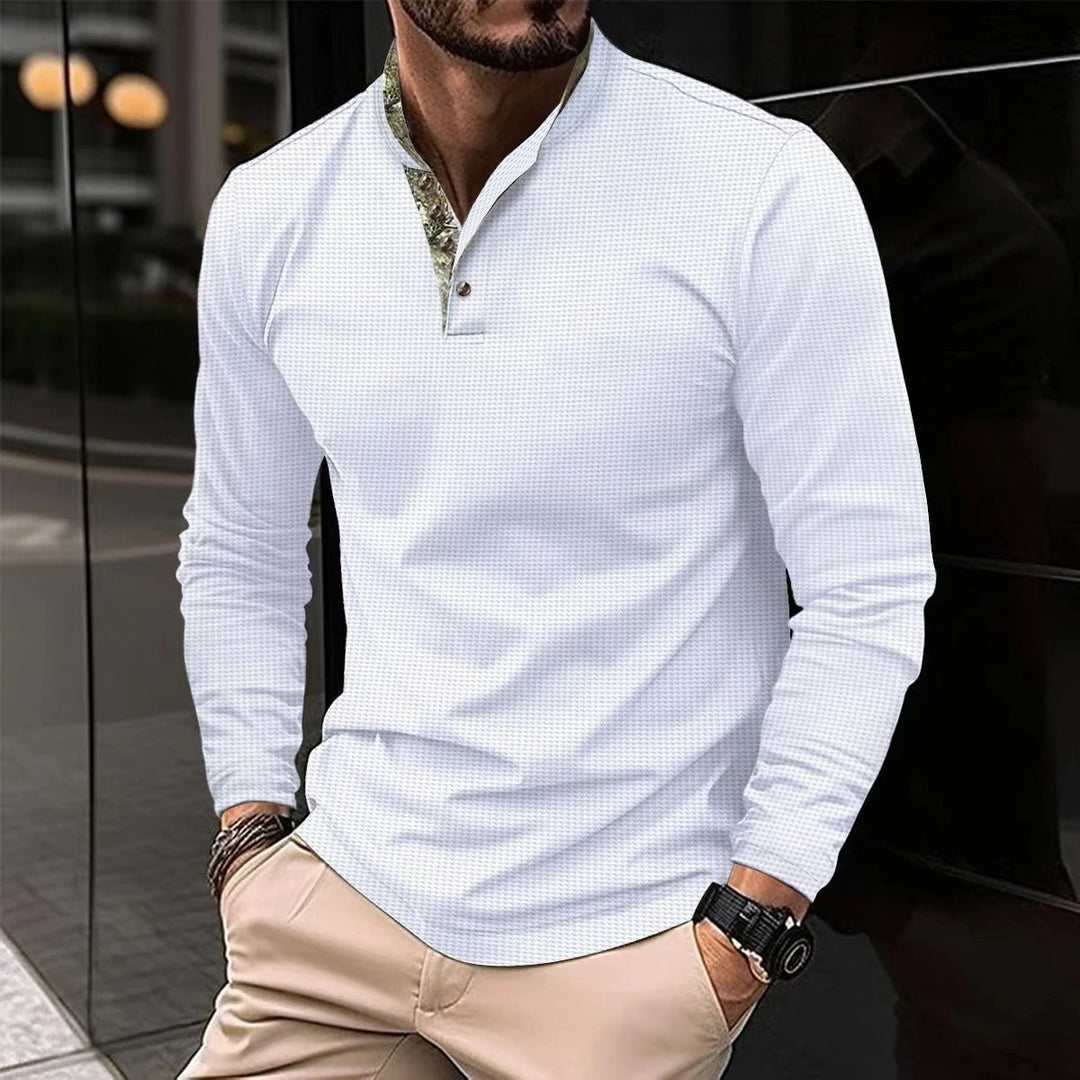 Stylish men's long sleeve polo shirt with a unique colored collar, ideal for fall & winter fashion apparel.