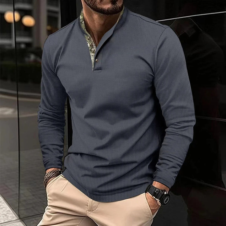 Versatile men's long sleeve polo shirt with a colored collar for stylish casual wear. Great for fall fashion.