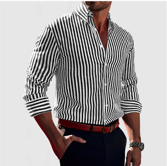 Versatile men's striped button-down shirt with long sleeves & slim fit. Ideal for modern casual or stylish business wear.