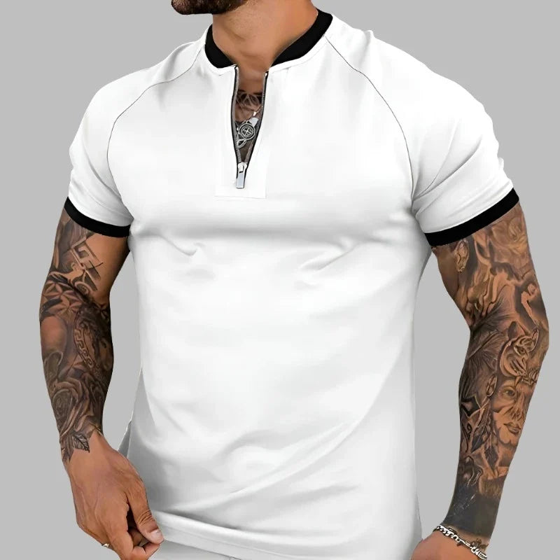 Casual men's modern fit long sleeve shirt with a unique zipper accent and contrast collar.
