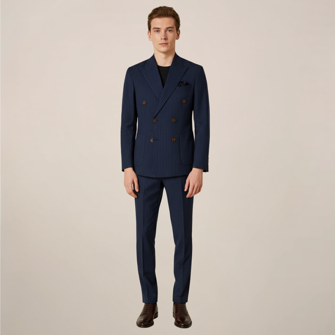Men's stylish navy blue pinstripe suit, tailored for a sharp, formal business look. Perfect professional wear.